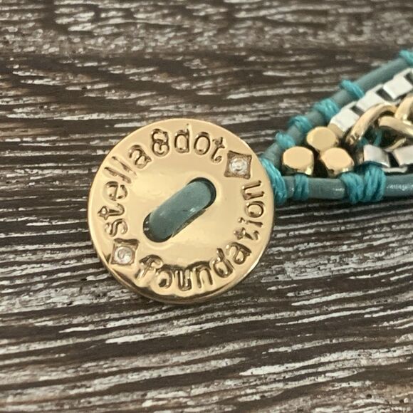 Stella & Dot Wrap Bracelet Silver & Gold Braided Teal Leather Cord Adj 6.5"-8.5" - Picture 4 of 12